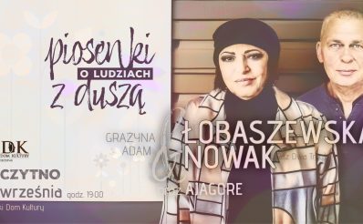 Plakat zapraszający w środę 17 września 2025 r. do Szczytna na koncert Łobaszewska & Nowak "Piosenki o ludziach z duszą" Szczytno 2025. 