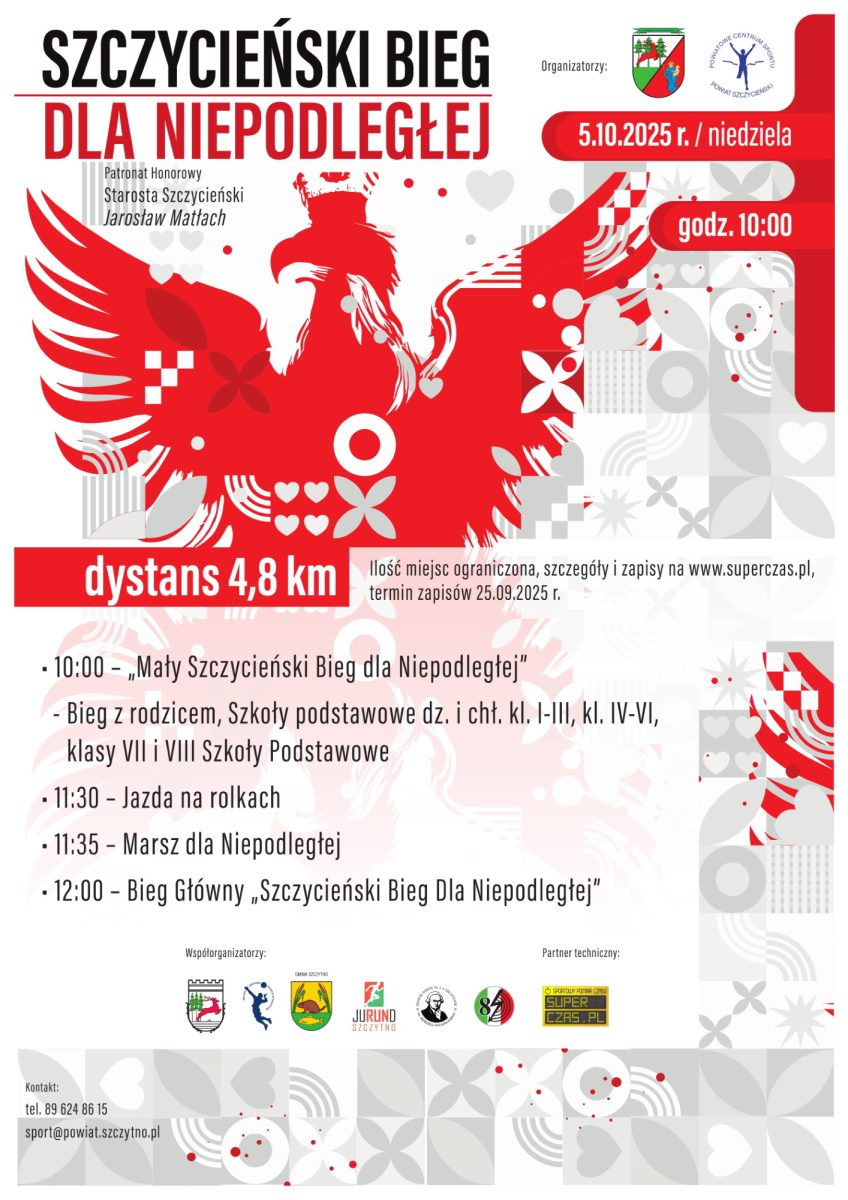 Plakat zapraszający w niedzielę 5 października 2025 r. do Szczytna na Szczycieński Bieg dla Niepodległej Szczytno 2025.
