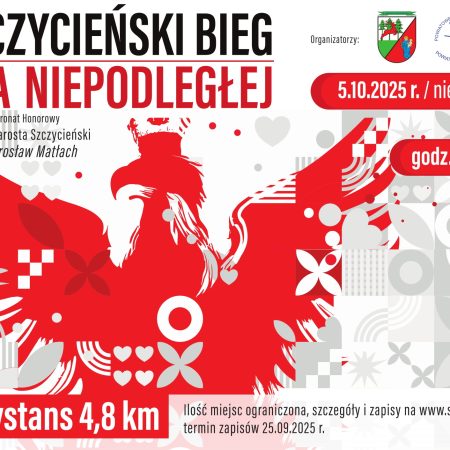 Plakat zapraszający w niedzielę 5 października 2025 r. do Szczytna na Szczycieński Bieg dla Niepodległej Szczytno 2025.