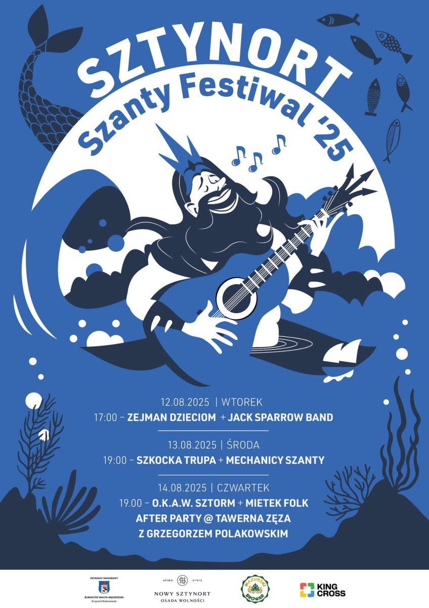 Plakat zapraszający w dniach 12-14 sierpnia 2025 r. do Sztynortu na Szanty Festiwal Sztynort 2025. 