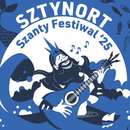 Plakat zapraszający w dniach 12-14 sierpnia 2025 r. do Sztynortu na Szanty Festiwal Sztynort 2025. 