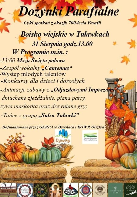 Plakat zapraszający w niedzielę 31 sierpnia 2025 r. do miejscowości Tuławki w gminie Dywit koło Olsztyna na Dożynki Parafialne Tuławki 2025. 