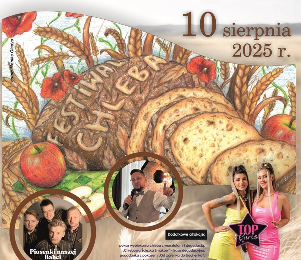 Plakat zapraszający w niedzielę 10 sierpnia 2025 r. do Wielbarka na Wielbarski Festiwal Chleba Wielbark 2025. 