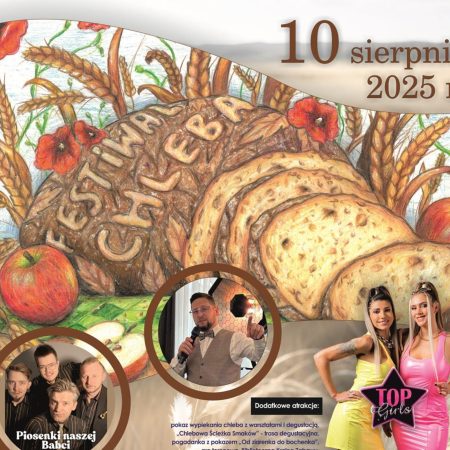 Plakat zapraszający w niedzielę 10 sierpnia 2025 r. do Wielbarka na Wielbarski Festiwal Chleba Wielbark 2025.