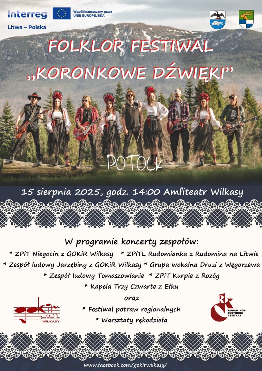 Plakat zapraszający w piątek 15 sierpnia 2025 r. do Wilkas na Folklor Festiwal "Koronkowe Dźwięki" Wilkasy 2025.