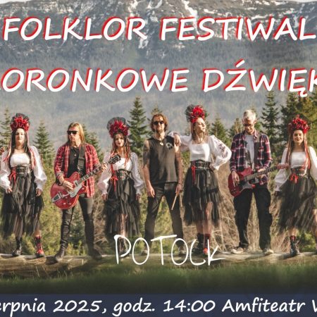 Plakat zapraszający w piątek 15 sierpnia 2025 r. do Wilkas na Folklor Festiwal "Koronkowe Dźwięki" Wilkasy 2025.