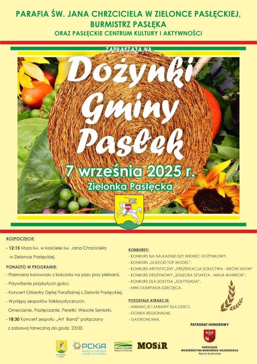 Plakat zapraszający w niedzielę 7 września 2025 r. do miejscowości Zielona Pasłęcka w gminie Pasłęk na Dożynki Gminy Pasłęk - Zielona Pasłęcka 2025. 
