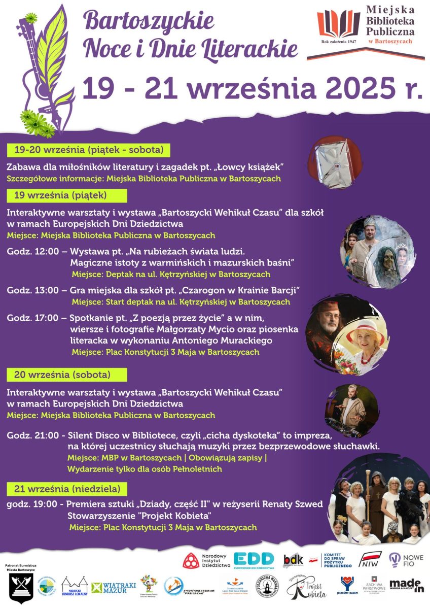 Plakat zapraszający w dniach 19-21 września 2025 r. do Bartoszyc na Bartoszyckie Noce i Dnie Literackie Bartoszyce 2025. 