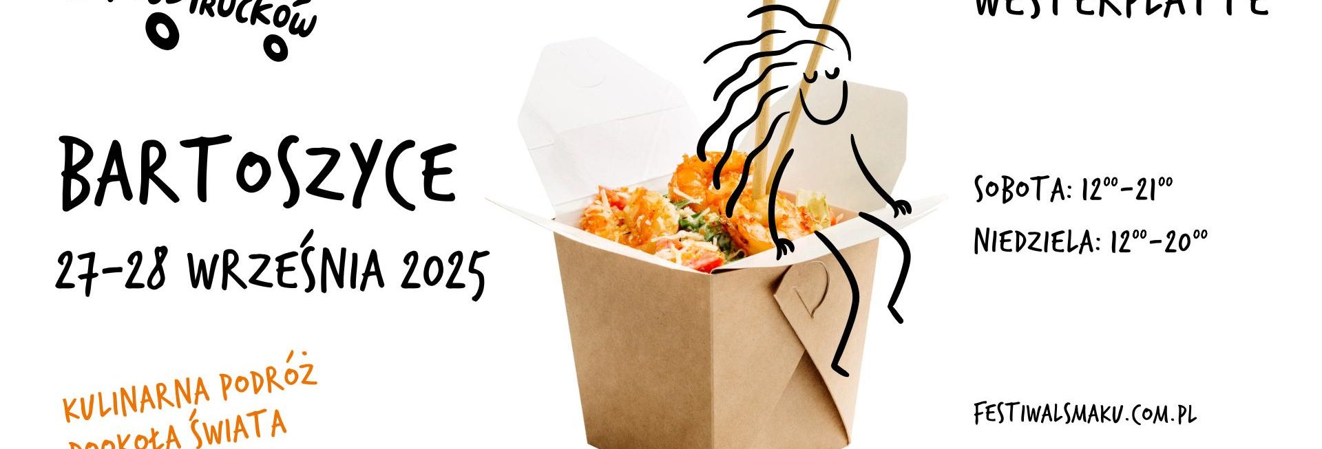 Plakat zapraszający w dniach 27-28 września 2025 r. do Bartoszyc na Festiwal Smaków Food Trucków Bartoszyce 2025.