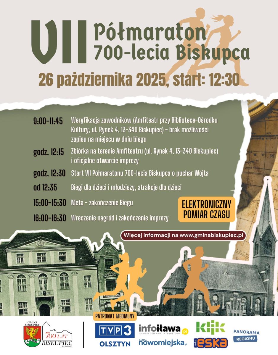Plakat zapraszający w niedzielę 26 października 2025 r. do Biskupca na Półmaraton 700-lecia Biskupca 2025. 