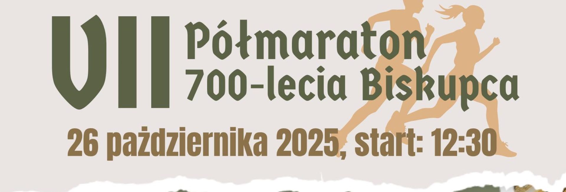 Plakat zapraszający w niedzielę 26 października 2025 r. do Biskupca na Półmaraton 700-lecia Biskupca 2025. 
