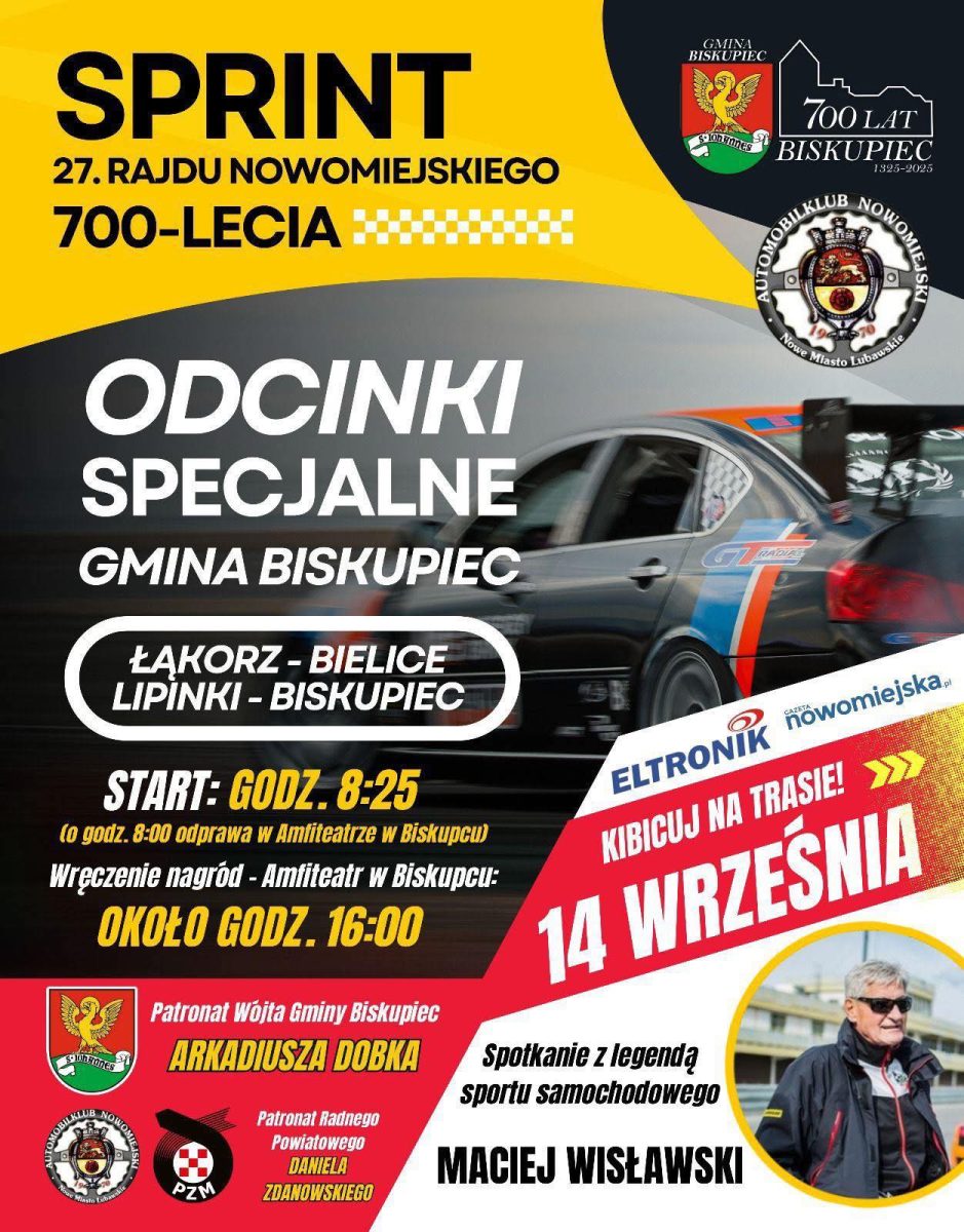 Plakat zapraszający w niedzielę 14 września 2025 r. do Biskupca na Rajd 700-lecia w gminie Biskupiec 2025. 