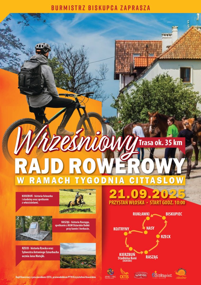 Plakat zapraszający w niedzielę 21 września 2025 r. do Biskupca na Wrześniowy Rajd Rowerowy Biskupiec 2025. 