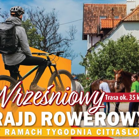 Plakat zapraszający w niedzielę 21 września 2025 r. do Biskupca na Wrześniowy Rajd Rowerowy Biskupiec 2025.