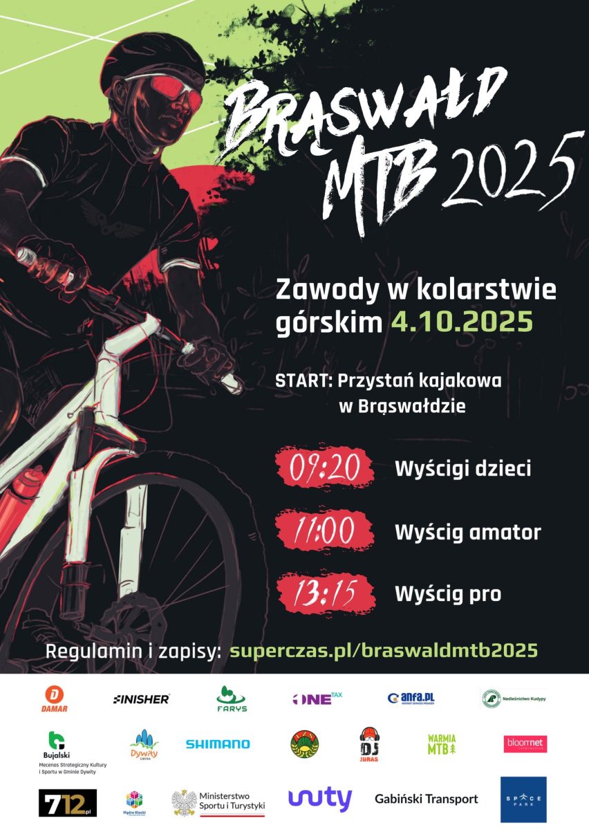 Plakat zapraszający w sobotę 4 października 2025 r. do miejscowości Brąswałd w gminie Dywity na Brąswałd MTB 2025 liczy się podwójnie! Brąswałd 2025.