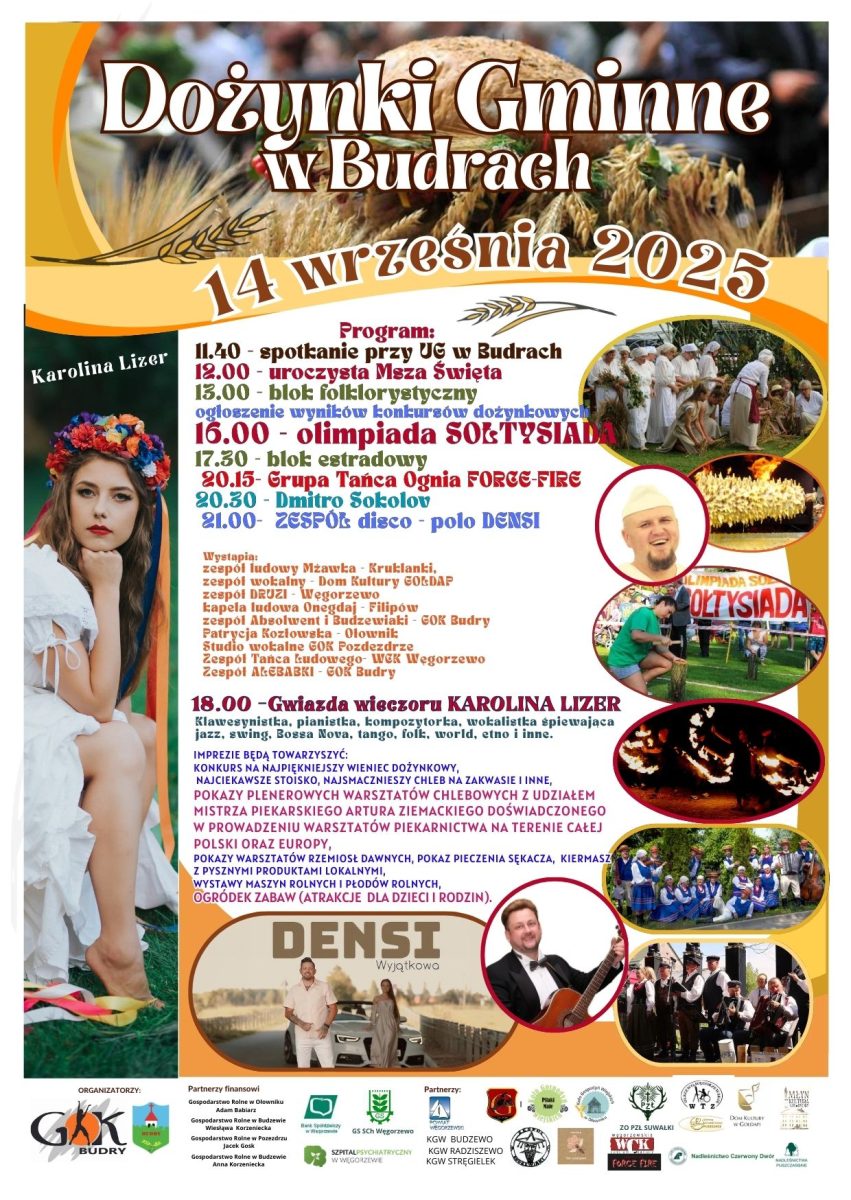 Plakat zapraszający w niedzielę 14 września 2025 r. do miejscowości Budry w powiecie węgorzewskim na Dożynki Gminne Budry 2025.