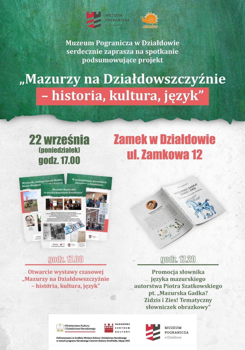 Plakat zapraszający w poniedziałek 22 września 2025 r. do Działdowa na spotkanie „Mazurzy na Działdowszczyźnie – historia, kultura, język” Muzeum Pogranicza Działdowo 2025.