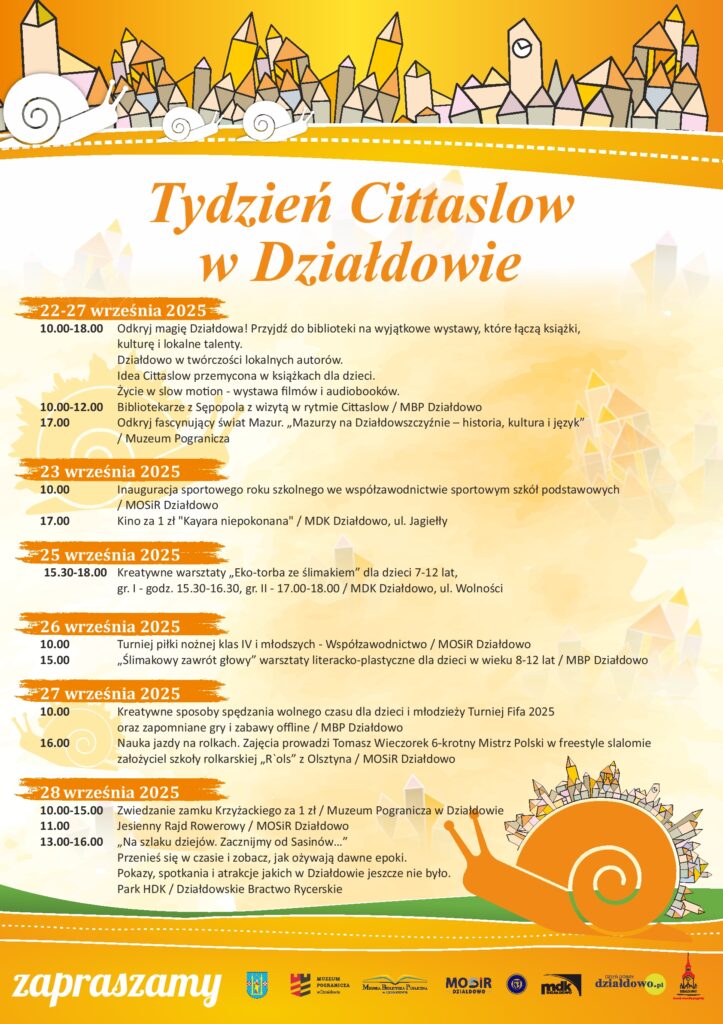 Plakat zapraszający w dniach 22-28 września 2025 r. do Działdowa na Tydzień Cittaslow Działdowo 2025. 