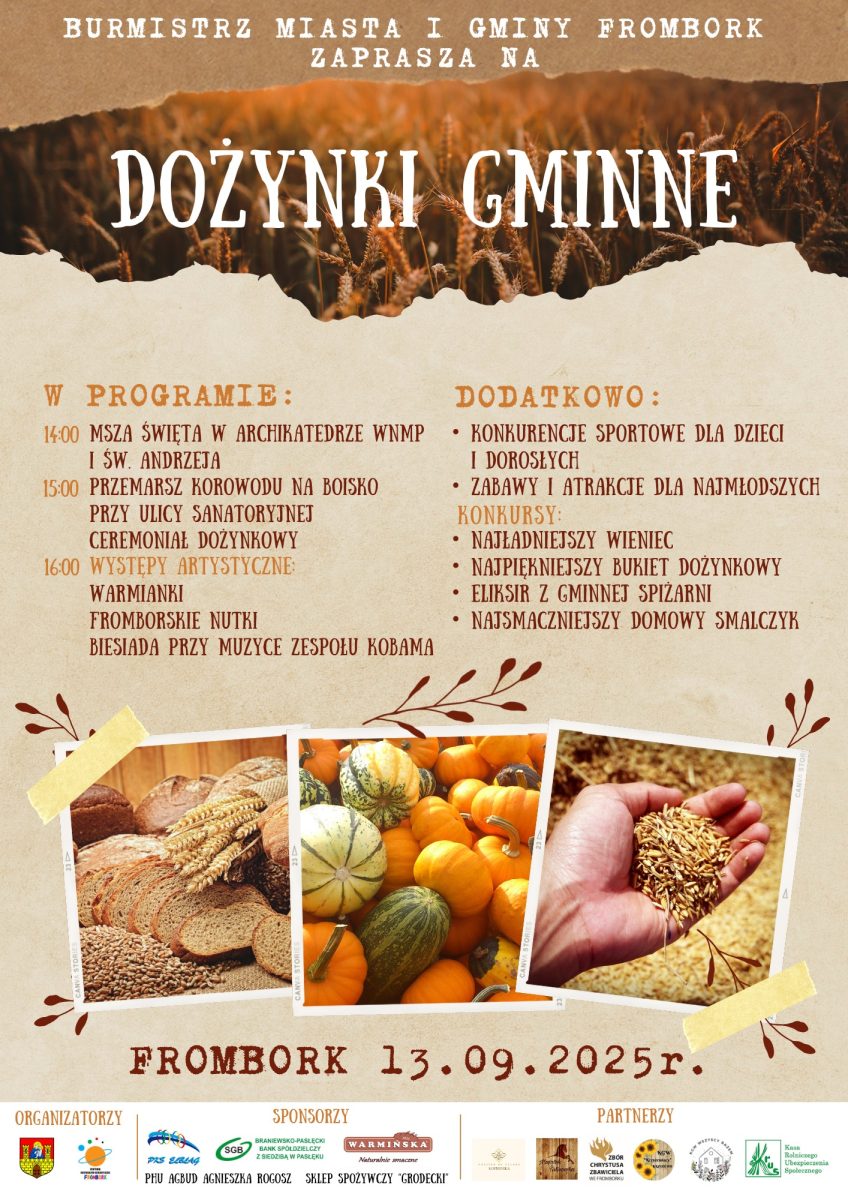 Plakat zapraszający w sobotę 13 września 2025 r. do Fromborka na Dożynki Gminne Frombork 2025. 