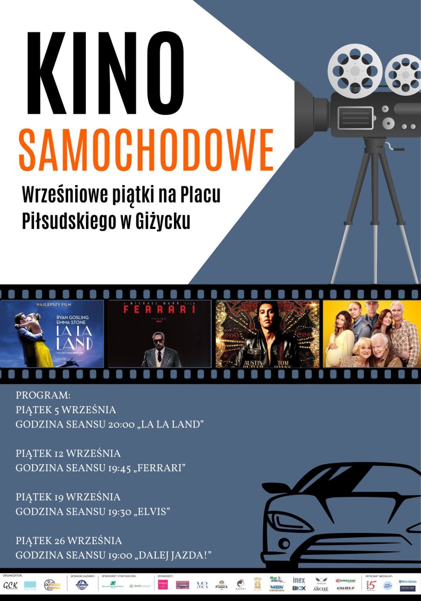 Plakat zapraszający do Giżycka na Kino Samochodowe Giżycko 2025.