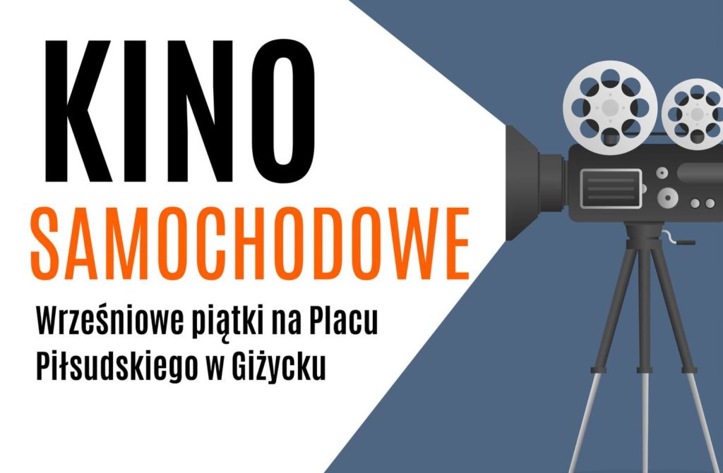 Plakat zapraszający do Giżycka na Kino Samochodowe Giżycko 2025.