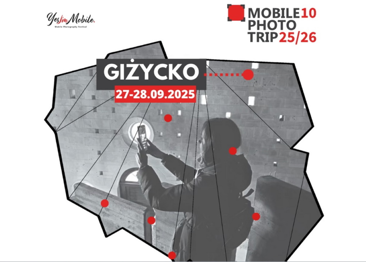 Plakat zapraszający w dniach 27-28 września 2025 r. do Giżycka na Mobile Photo Trip Giżycko 2025.