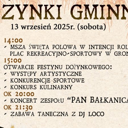 Plakat zapraszający w sobotę 13 września 2025 r. do miejscowości Gronowo Elbląskie w powiecie elbląskim na Dożynki Gminne Gronowo Elbląskie 2025. 