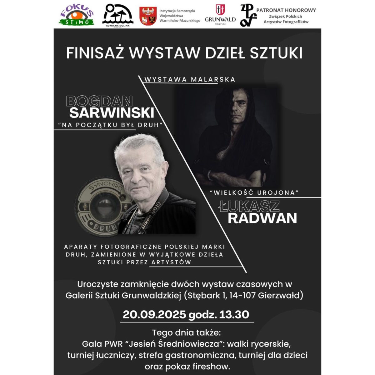 Plakat zapraszający w sobotę 20 września 2025 r. do Grunwaldu na Finisaż Wystaw Dzieł Sztuki Grunwald 2025.
