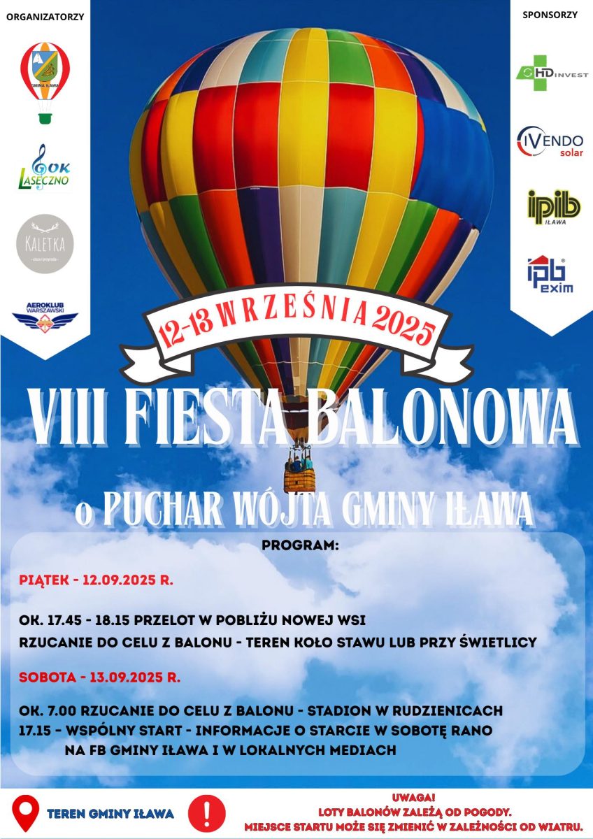 Plakat zapraszający w dniach 12-13 września 2025 r. do Iławy na Fiestę Balonową o Puchar Wójta Gminy Iława 2025. 