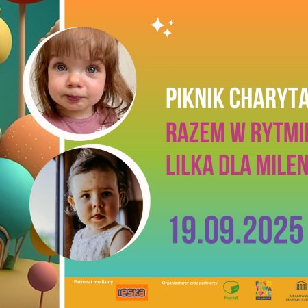 Plakat zapraszający w piątek 19 września 2025 r. do miejscowości Kosewo w gminie Mrągowo na Piknik Charytatywny "Razem w rytmie serca - Lilka dla Milenki" Kosewo 2025.