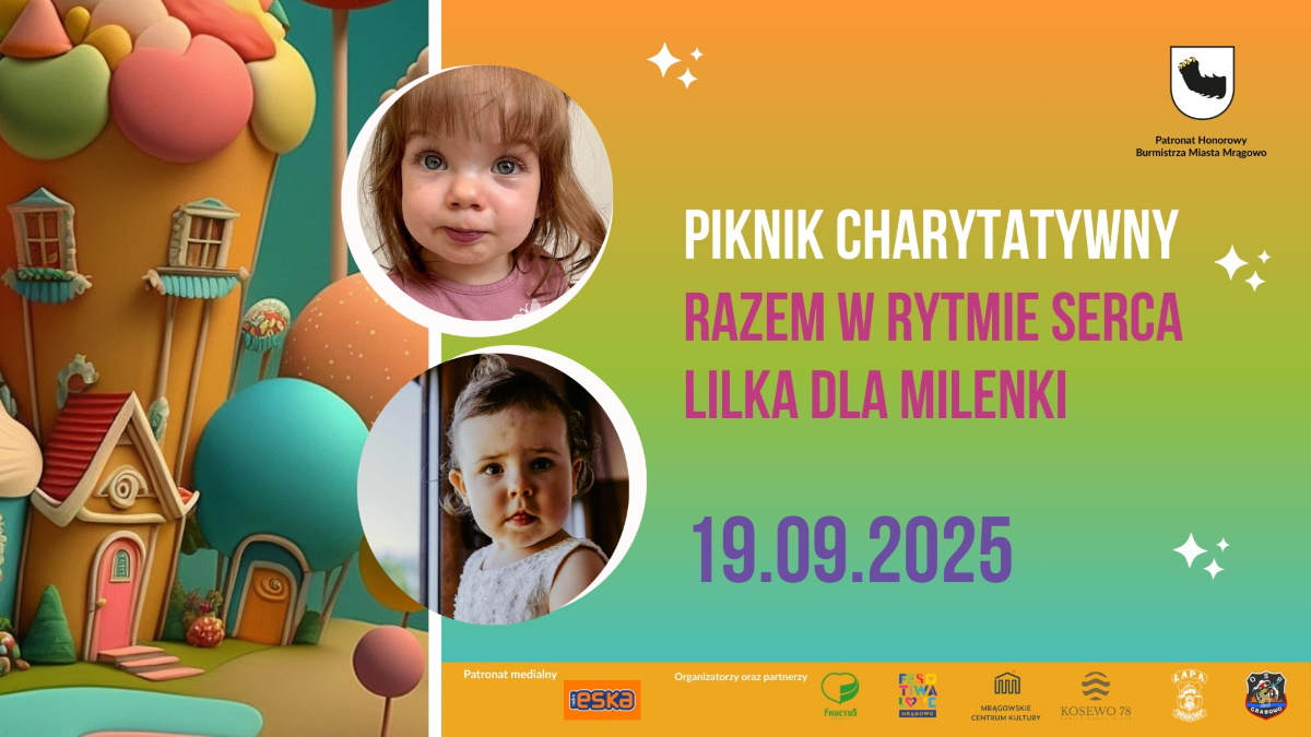 Plakat zapraszający w piątek 19 września 2025 r. do miejscowości Kosewo w gminie Mrągowo na Piknik Charytatywny "Razem w rytmie serca - Lilka dla Milenki" Kosewo 2025.