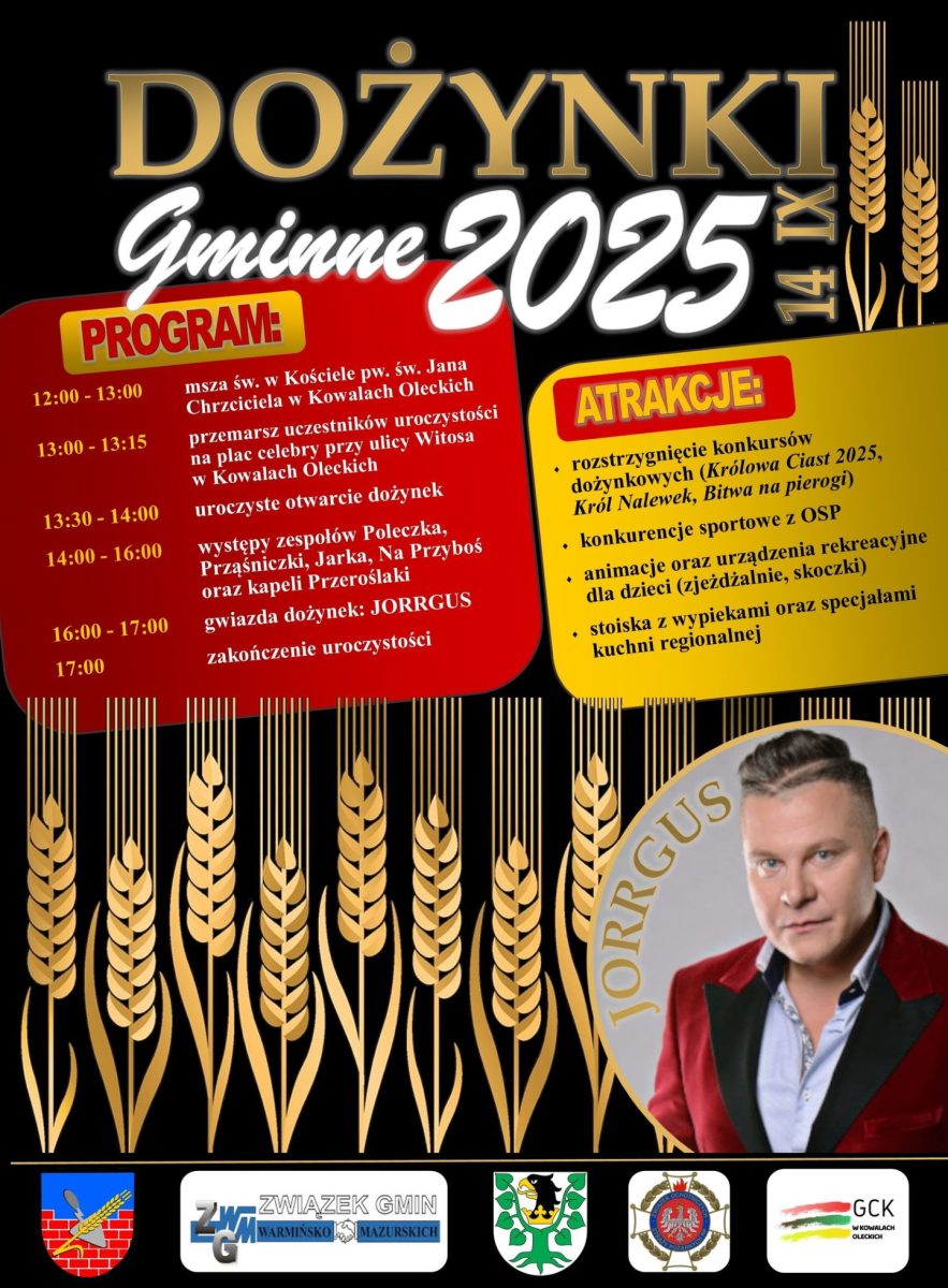 Plakat zapraszający w niedzielę 14 września 2025 r. do miejscowości Kowale Oleckie na Dożynki Gminne Kowale Oleckie 2025. 