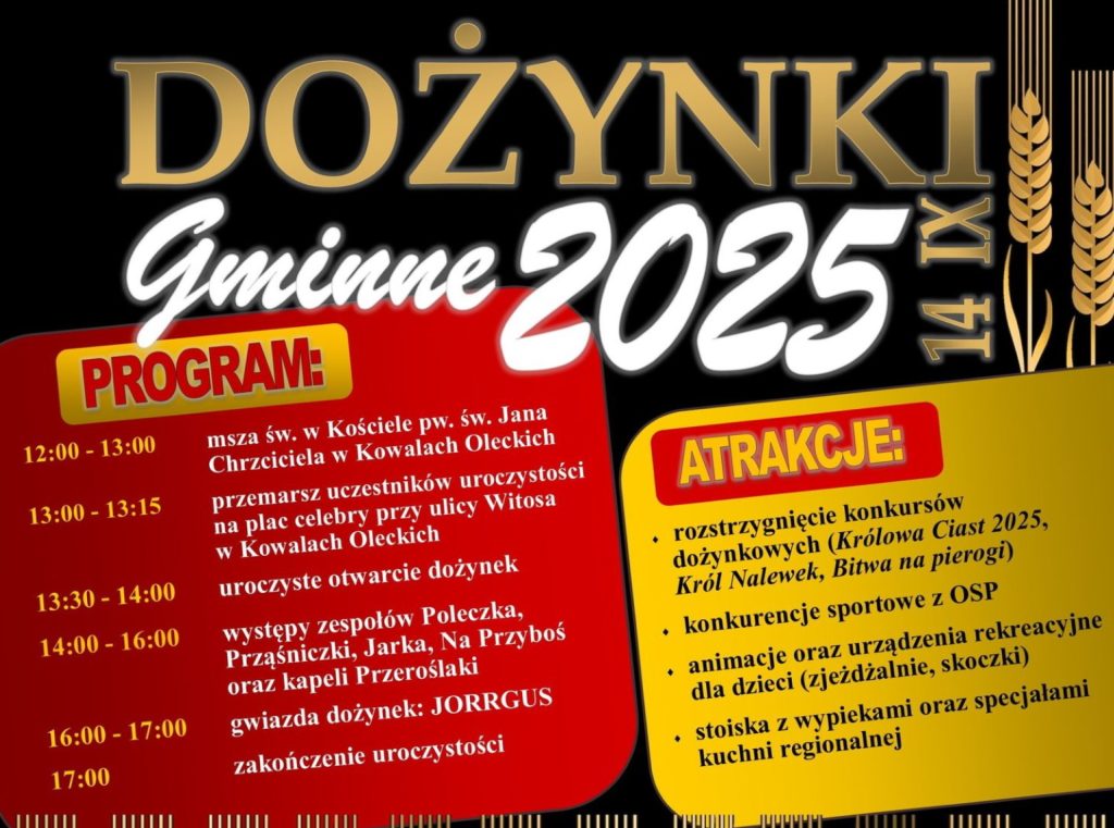 Plakat zapraszający w niedzielę 14 września 2025 r. do miejscowości Kowale Oleckie na Dożynki Gminne Kowale Oleckie 2025. 