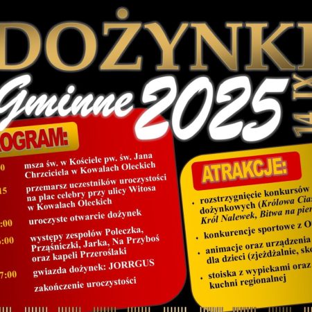 Plakat zapraszający w niedzielę 14 września 2025 r. do miejscowości Kowale Oleckie na Dożynki Gminne Kowale Oleckie 2025. 