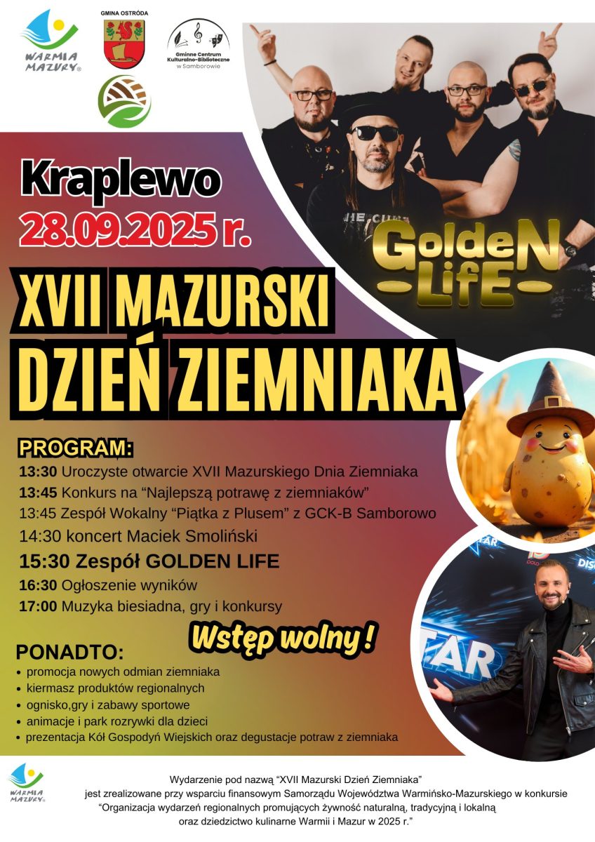 Plakat zapraszający w niedzielę 28 września 2025 r. do miejscowości Kraplewo w gminie Ostróda na Mazurski Dzień Ziemniaka Kraplewo 2025.