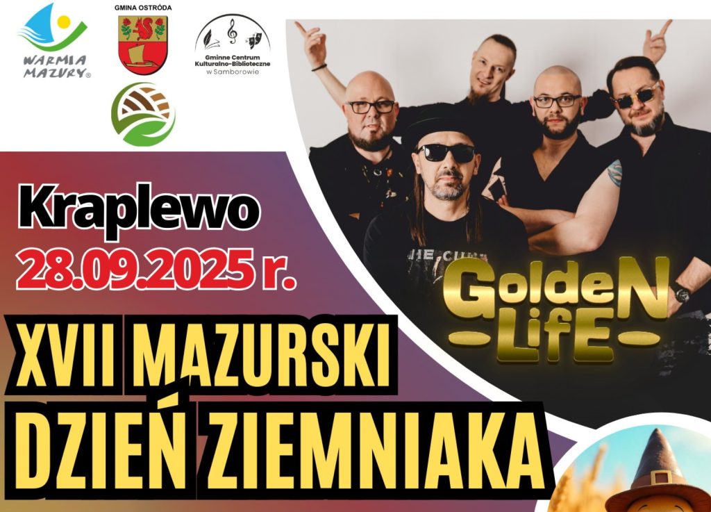 Plakat zapraszający w niedzielę 28 września 2025 r. do miejscowości Kraplewo w gminie Ostróda na Mazurski Dzień Ziemniaka Kraplewo 2025.