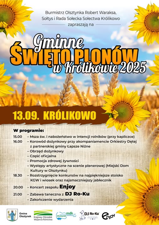 Plakat zapraszający w sobotę 13 września 2025 r. do miejscowości Królikowo w gminie Olsztynek na Święto Plonów Królikowo 2025.