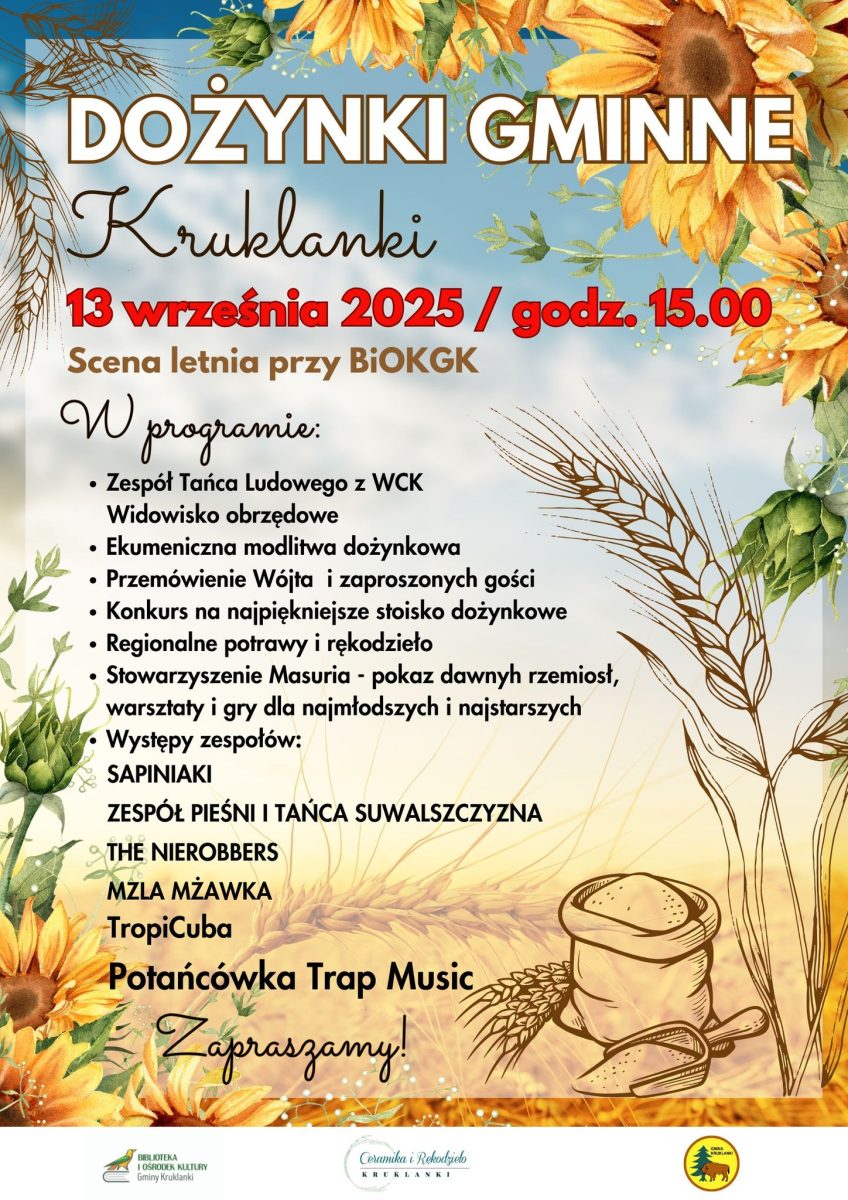 Plakat zapraszający w sobotę 13 września 2025 r. do miejscowości Kruklanki w powiecie giżyckim na Dożynki Gminne Kruklanki 2025.