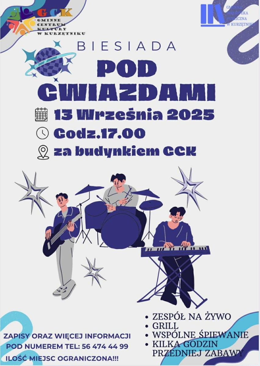 Plakat zapraszający w sobotę 13 września 2025 r. do miejscowości Kurzętnik na Biesiadę Pod Gwiazdami Kurzętnik 2025. 