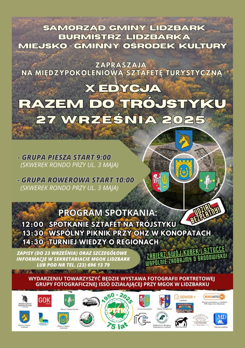 Plakat zapraszający w sobotę 27 września 2025 r. do Lidzbarka na Międzypokoleniową Sztafetę Turystyczną "Razem do Trójskoku" Lidzbark 2025. 