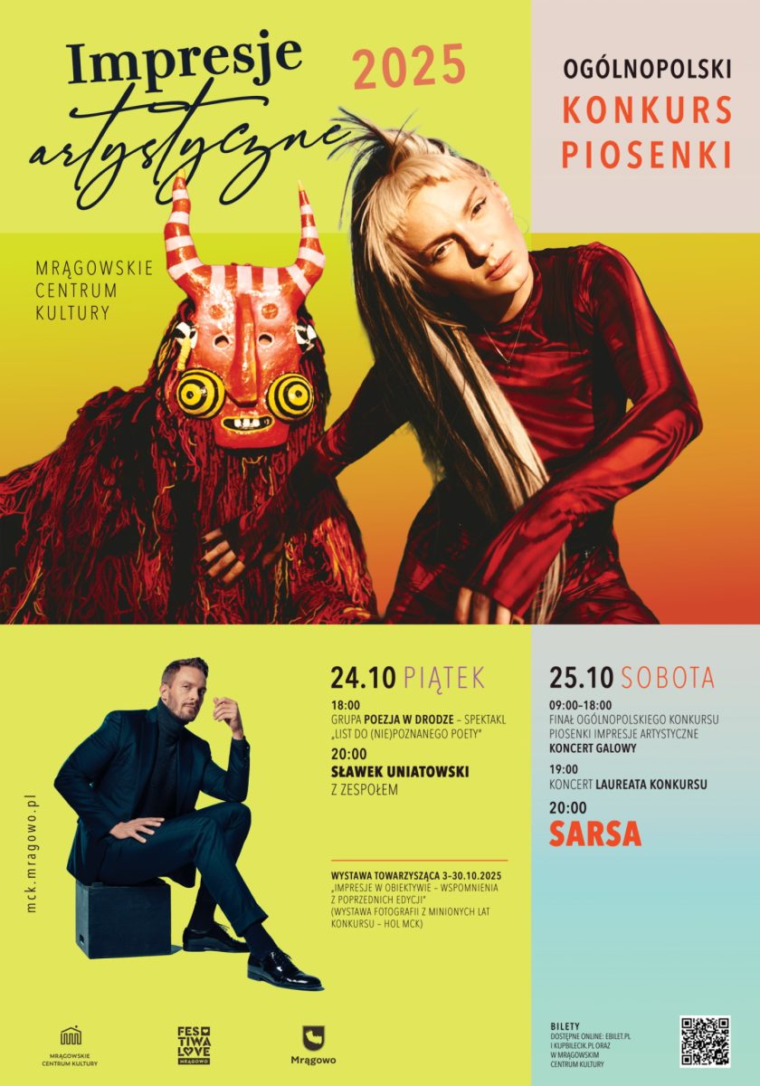 Plakat zapraszający w dniach 24-25 października 2025 r. do Mrągowa na Ogólnopolski Konkurs Piosenki! Impresje Artystyczne Mrągowo 2025. 