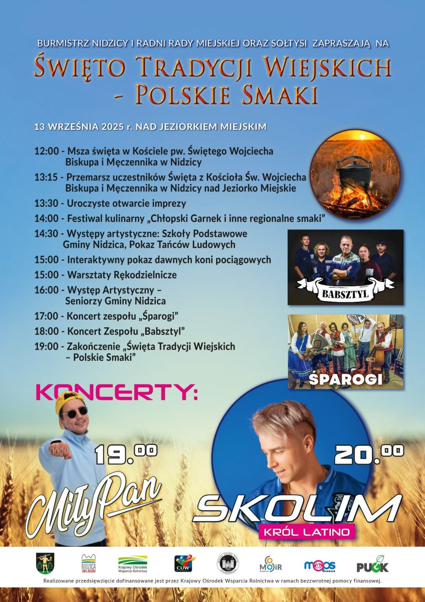 Plakat zapraszający w sobotę 13 września 2025 r. do Nidzicy na Dożynki Święto Tradycji Wiejskich - Polskie Smaki Nidzica 2025. 