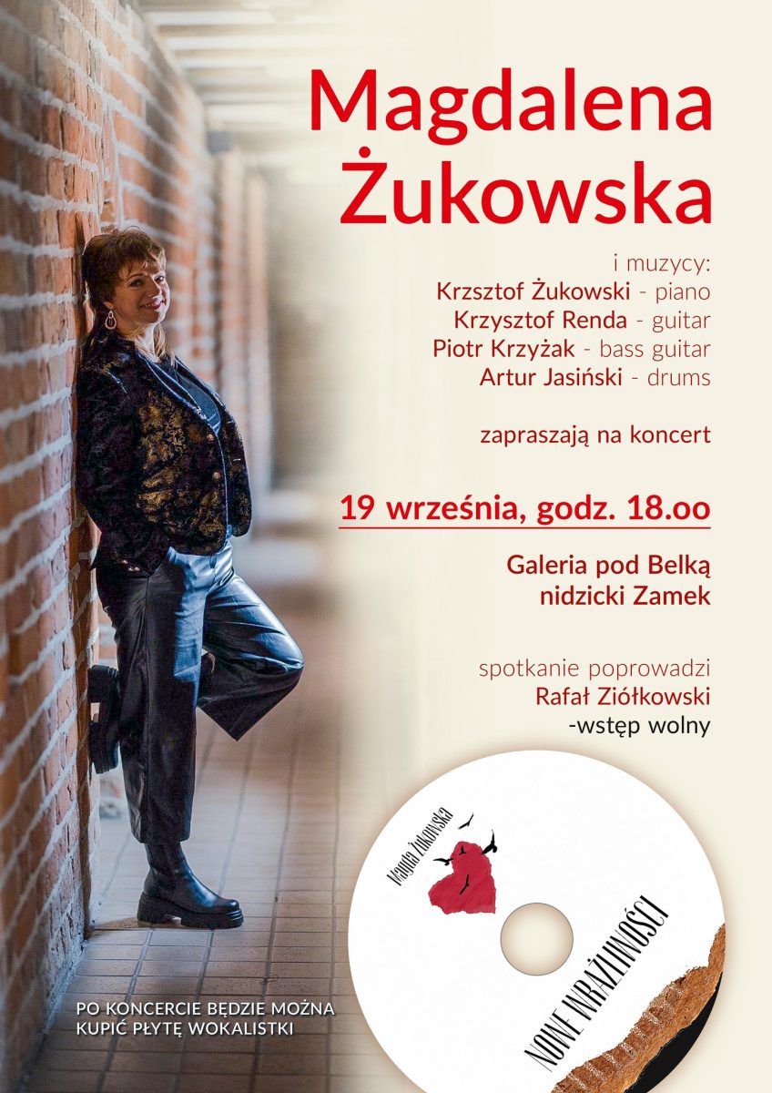 Plakat zapraszający w piątek 19 września 2025 r. do Nidzicy na Spotkanie Muzyczne z Magdaleną Żukowską Nidzica 2025. 