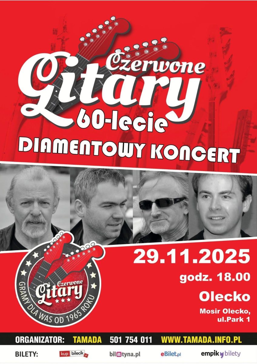 Plakat zapraszający na Koncert zespołu Czerwone Gitary Olecko 2025.