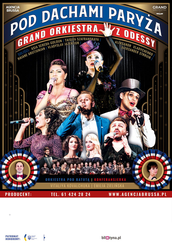 Plakat zapraszający w czwartek 2 października 2025 r. do Olsztyna na Koncert Muzyki Francuskiej "Pod Dachami Paryża" Filharmonia Olsztyn 2025.