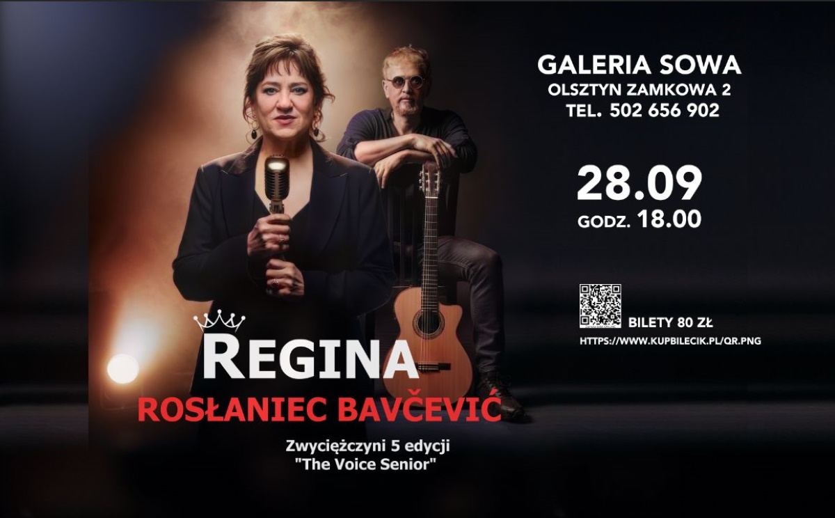 Plakat zapraszający w niedzielę 28 września 2025 r. do Olsztyna na Koncert Reginy Rosłaniec-Bavčević Olsztyn 2025.