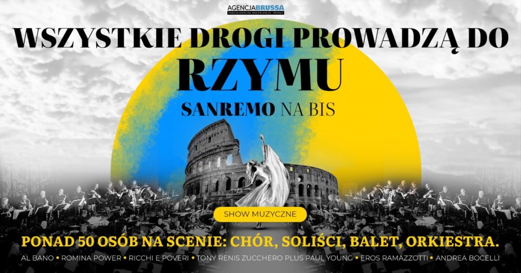 Plakat zapraszający w czwartek 6 listopada 2025 r. do Olsztyna na Koncert "Wszystkie drogi prowadzą do Rzymu" – Sanremo na bis Filharmonia Olsztyn 2025.  
