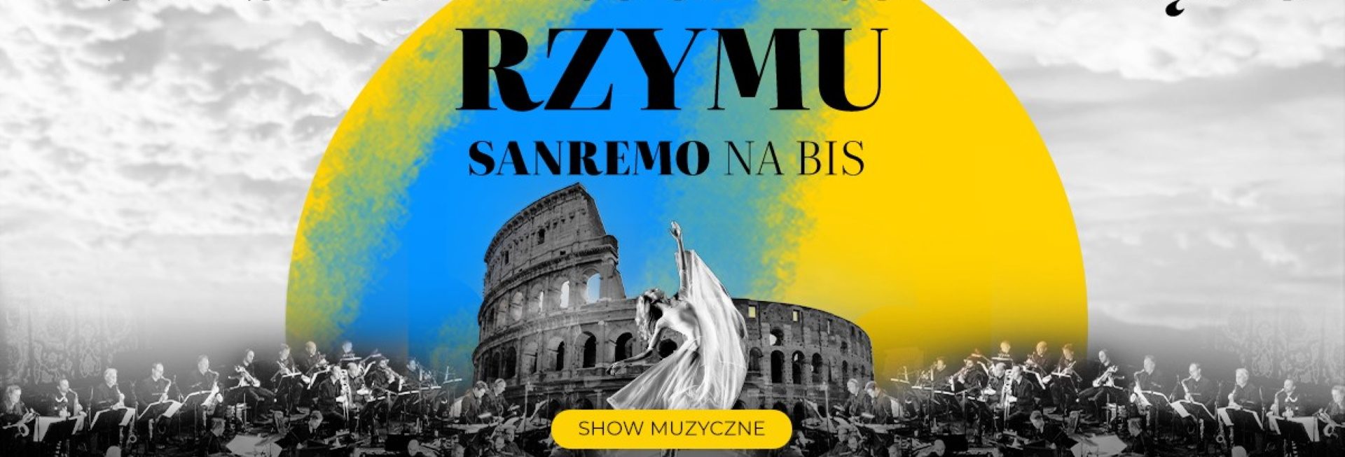Plakat zapraszający w czwartek 6 listopada 2025 r. do Olsztyna na Koncert "Wszystkie drogi prowadzą do Rzymu" – Sanremo na bis Filharmonia Olsztyn 2025.  