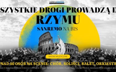 Plakat zapraszający w czwartek 6 listopada 2025 r. do Olsztyna na Koncert "Wszystkie drogi prowadzą do Rzymu" – Sanremo na bis Filharmonia Olsztyn 2025.  