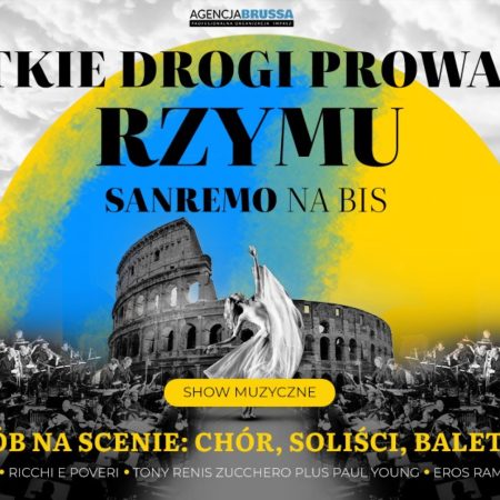 Plakat zapraszający w czwartek 6 listopada 2025 r. do Olsztyna na Koncert "Wszystkie drogi prowadzą do Rzymu" – Sanremo na bis Filharmonia Olsztyn 2025.  